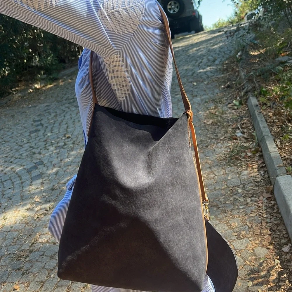 Navy Blue Suede Hobo Shoulder Bag with Tan Strap